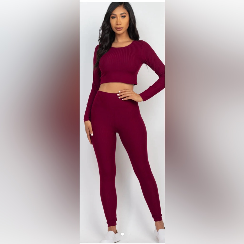 Capella 2 Piece Ribbed Long Sleeve Crop Top & Leggings Set Burgundy Ribbed Long